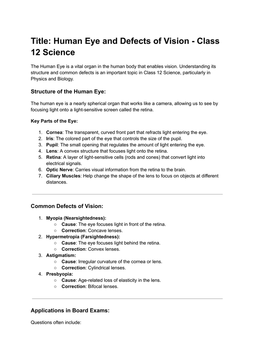 Human Eye and Vision Defects: Detailed Notes for Class 12 Science