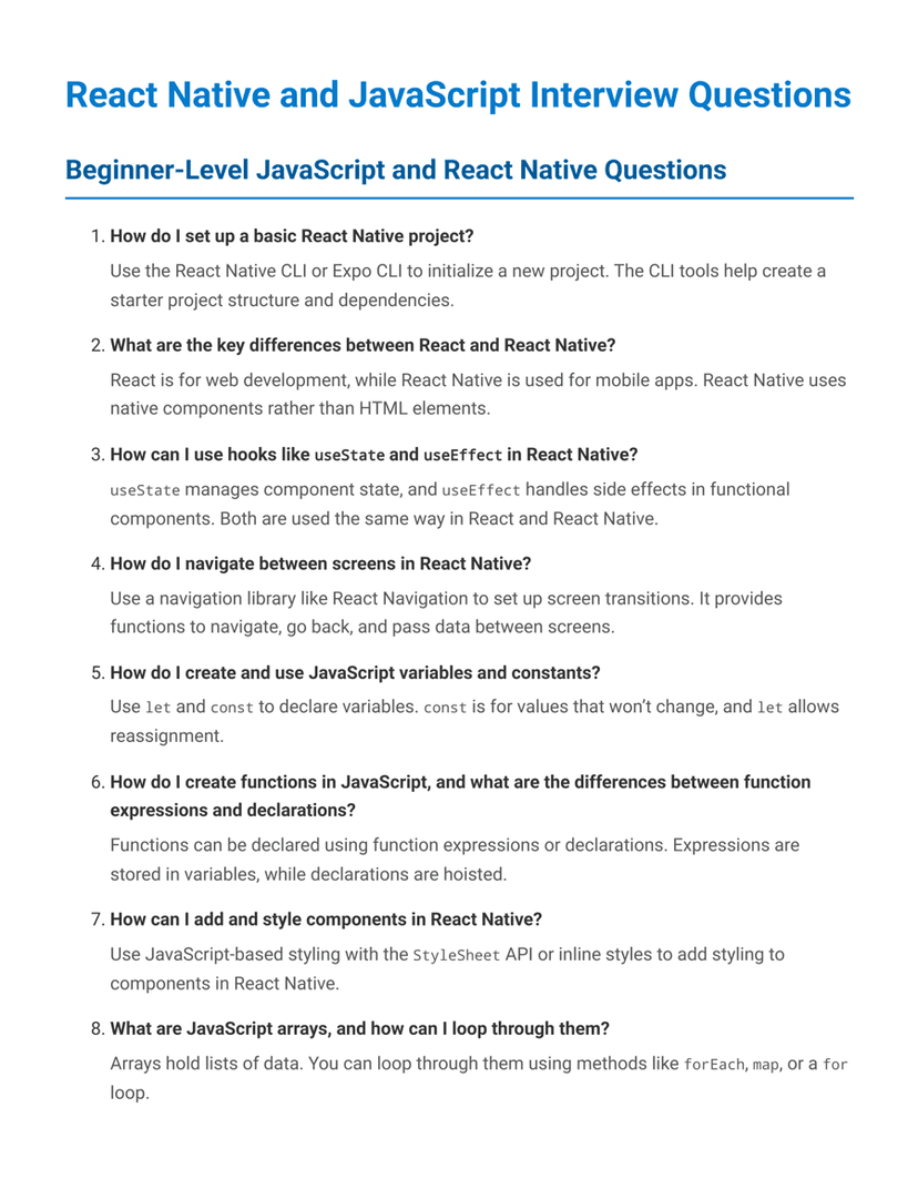 React Native javascript interview question basic to advance