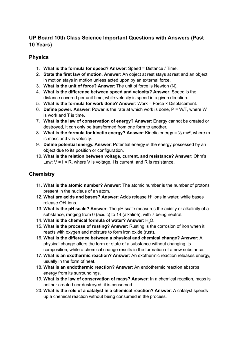UP Board 10th Class Science Important Questions with Answers (Past 10 Years)