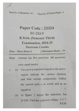 Electronic Circuits (EC-213-T) Sample Paper 2024-25 | B.Tech 3rd Sem | PDF Download