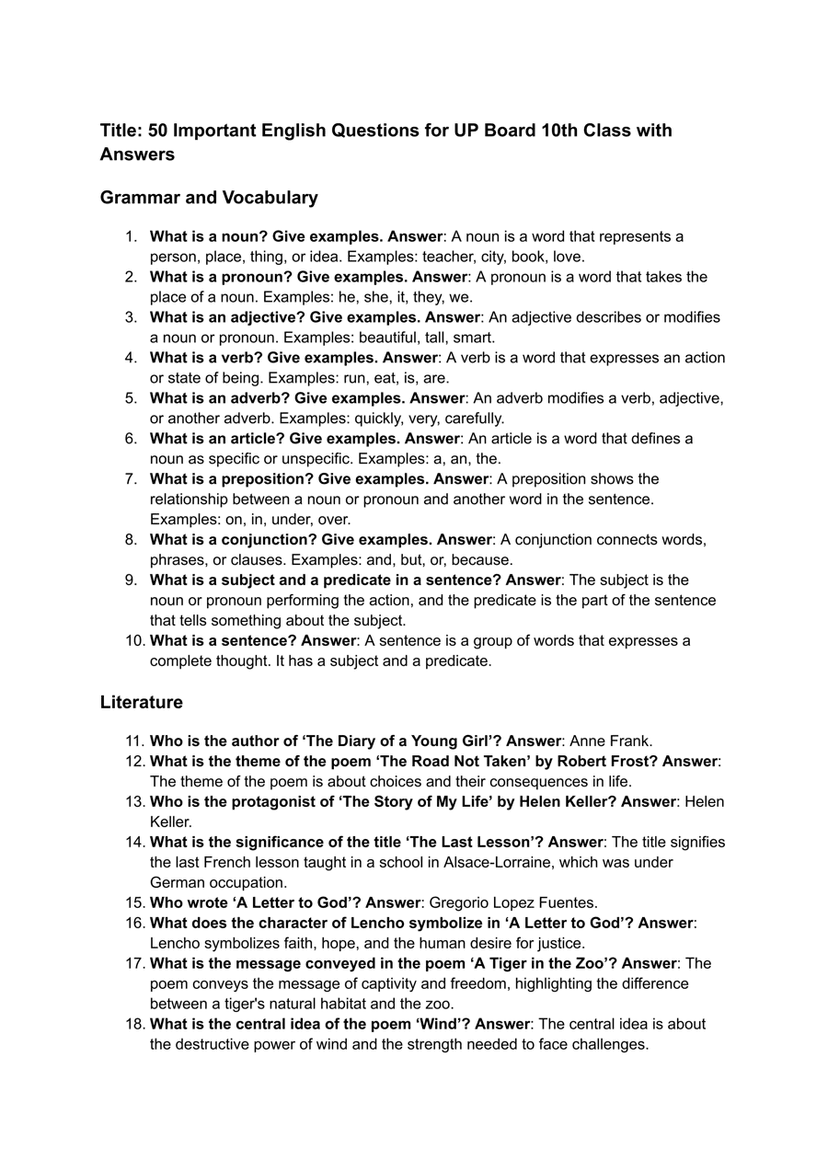 50 Important English Questions for UP Board 10th Class with Answers