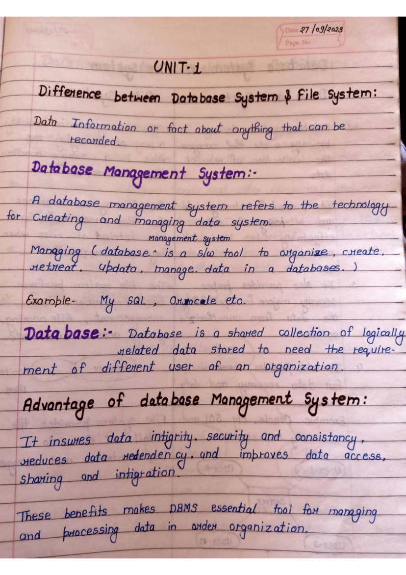 Handwritten DBMS Notes PDF (Unit 1) | Full Syllabus for AKTU, MJPRU, Jadavpur, SRM, JMI & More