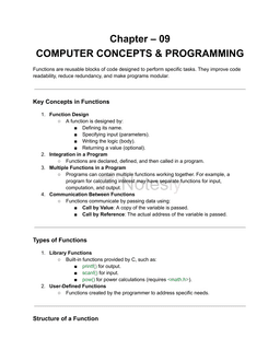 Free Download Notes PDF for COMPUTER CONCEPTS & PROGRAMMING - Chapter 09: User-Defined Functions for  AKTU, MJPRU, KNIT, LIT and RRSIMT Amethi (B.Tech)