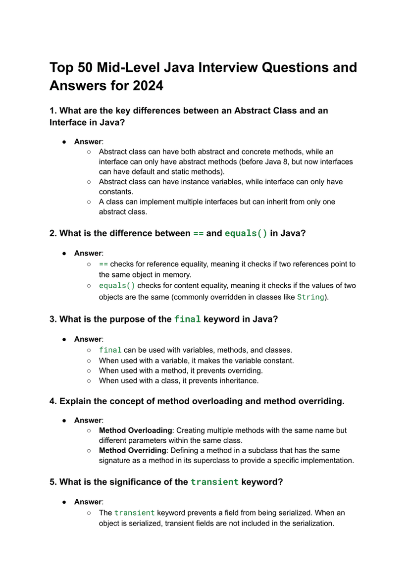 Top 50 Mid-Level Java Interview Questions and Answers for 2024