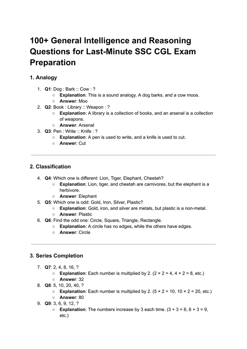 100+ General Intelligence and Reasoning Questions for Last-Minute SSC CGL Exam Preparation