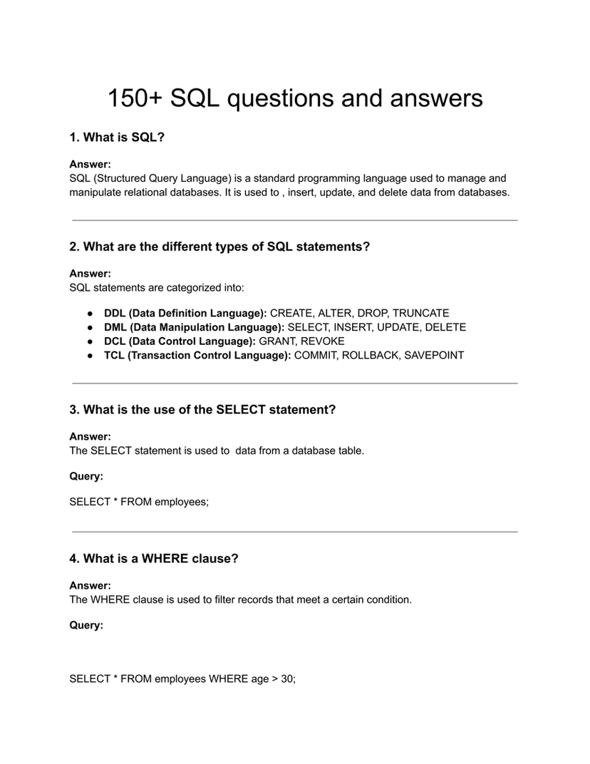 Handwritten SQL Interview Questions PDF | Quick Revision Cheatsheet 2025-26 | Full Syllabus for AKTU, MJPRU, Jadavpur & More