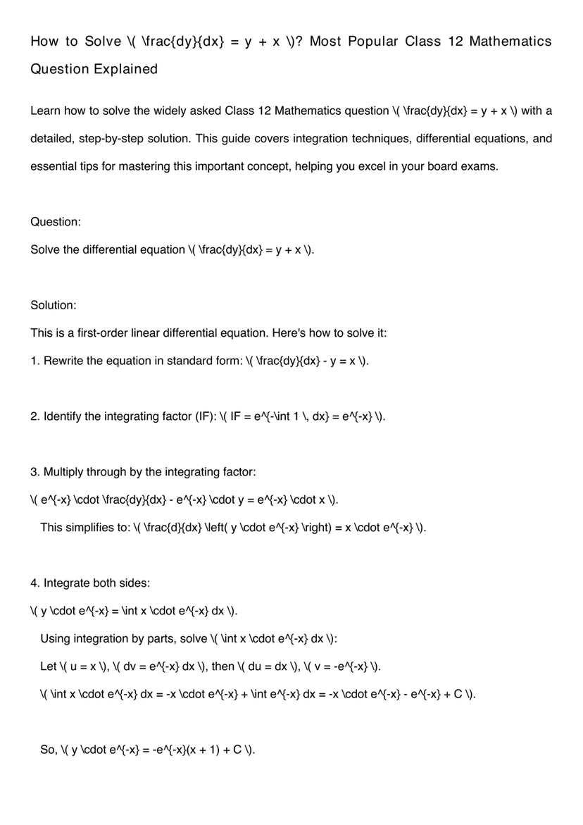Solve the Most Popular Class 12 Mathematics Question on Differential Equations with Step-by-Step Solution