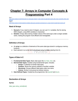 Chapter 7: Arrays in C - Free PDF Notes with Interview & Viva Questions | Computer Concepts & Programming