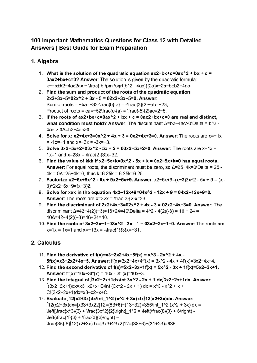 100 Important Mathematics Questions for Class 12 with Detailed Answers | Best Guide for Exam Preparation